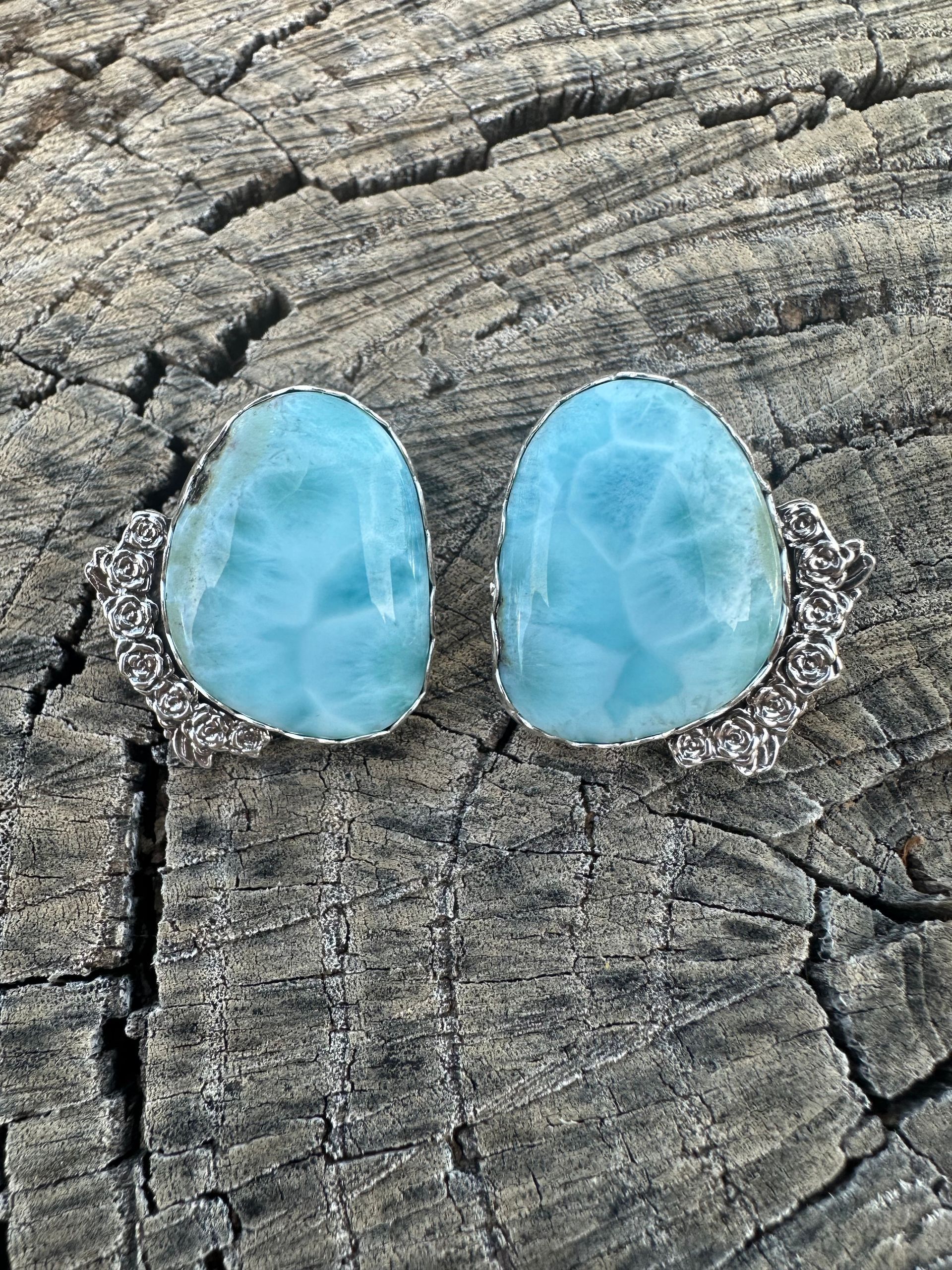 AAA Gem Quality Larimar Earrings with Sterling Silver Roses Earrings