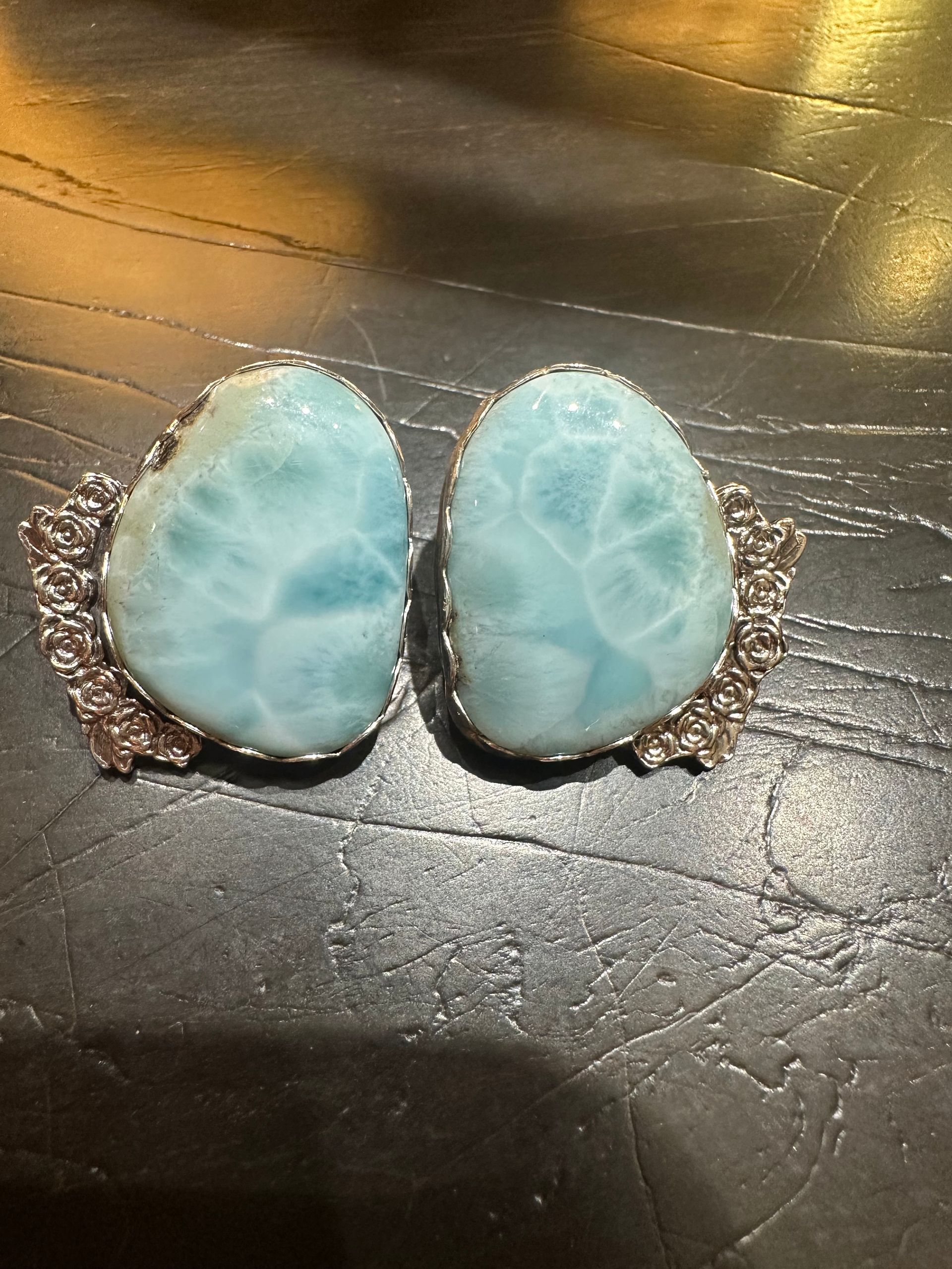 AAA Gem Quality Larimar Earrings with Sterling Silver Roses Earrings