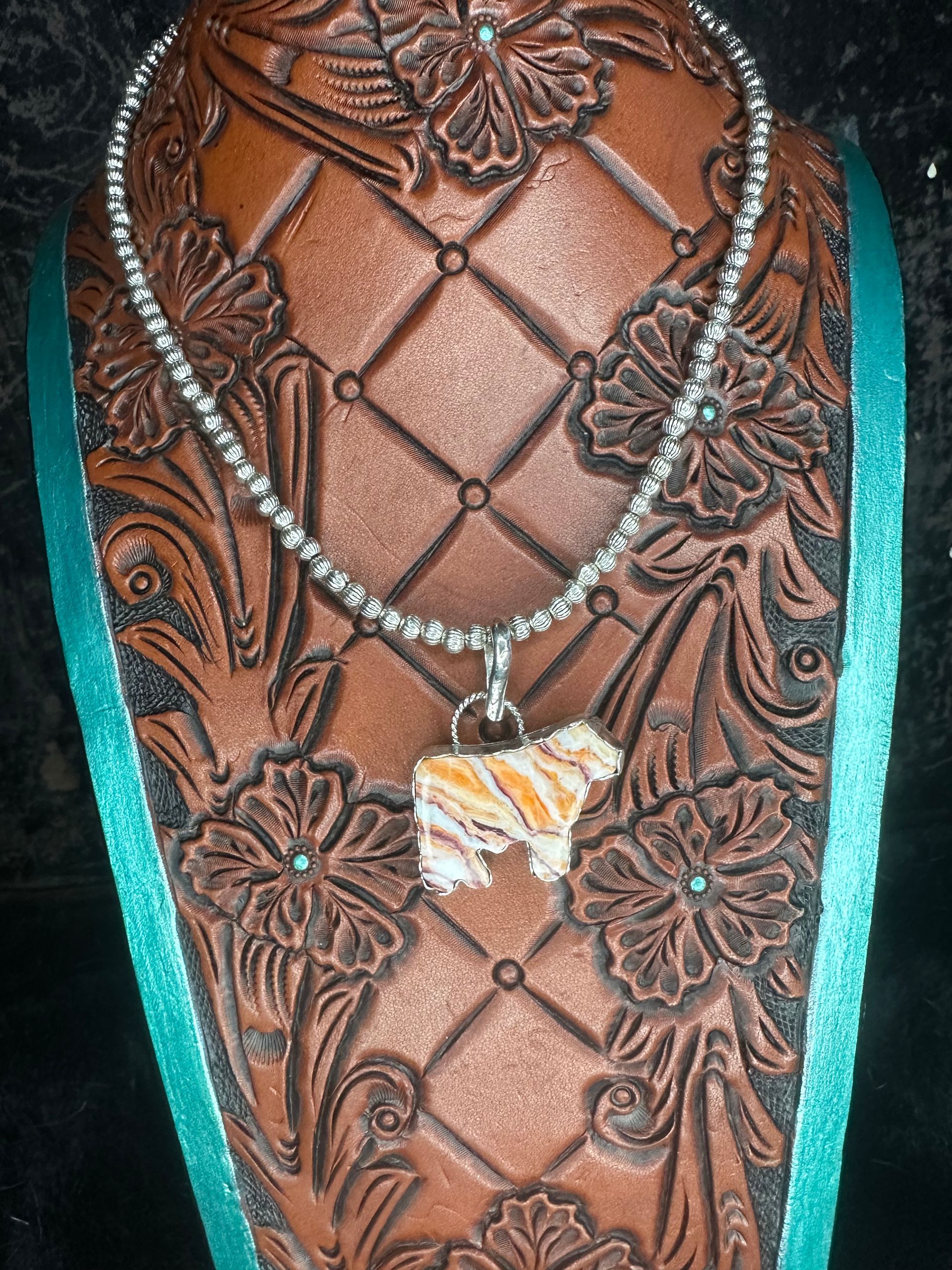 Orange Spiny Oyster Cattle Pendant Sterling Silver on Silver Plated Pearls