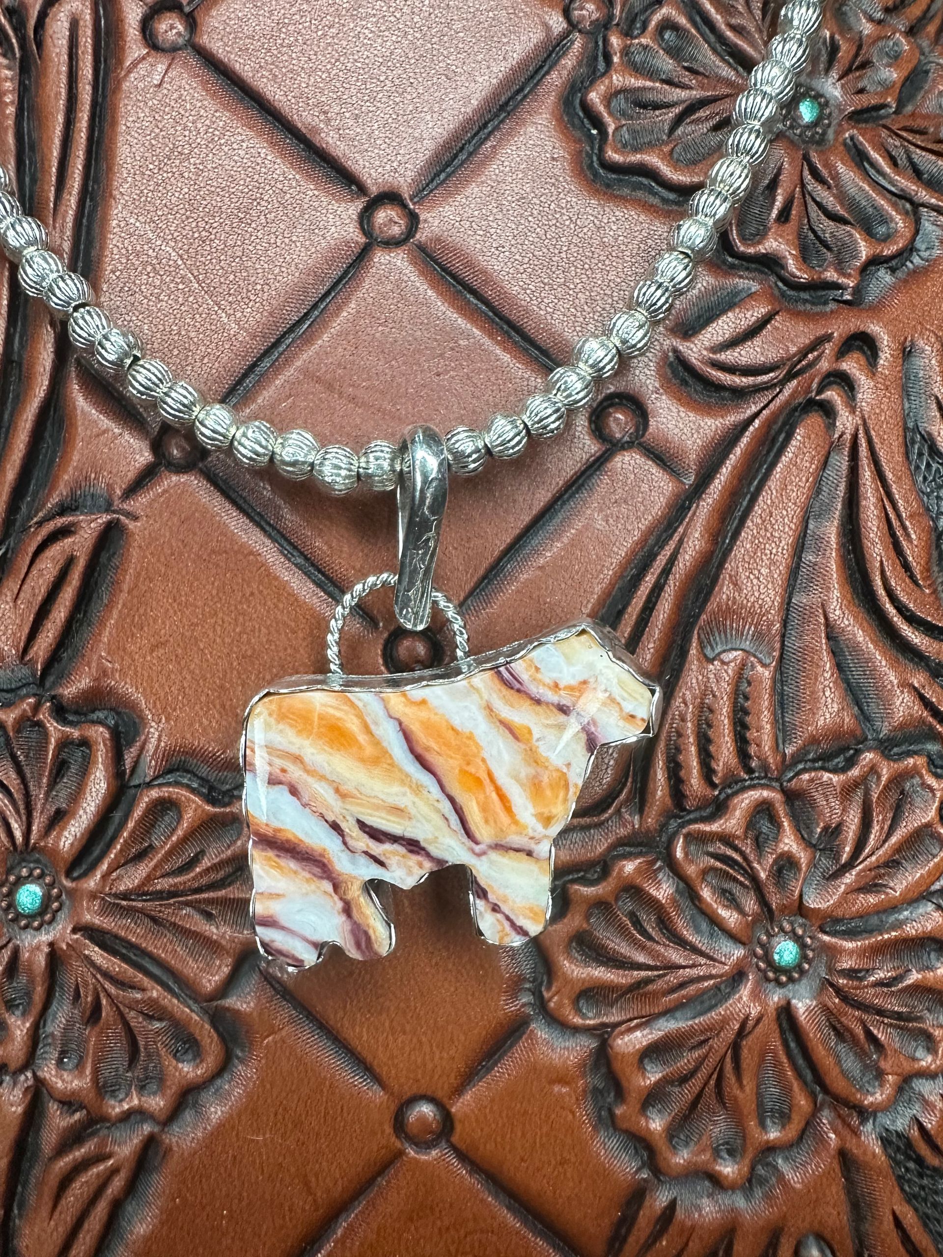 Orange Spiny Oyster Cattle Pendant Sterling Silver on Silver Plated Pearls