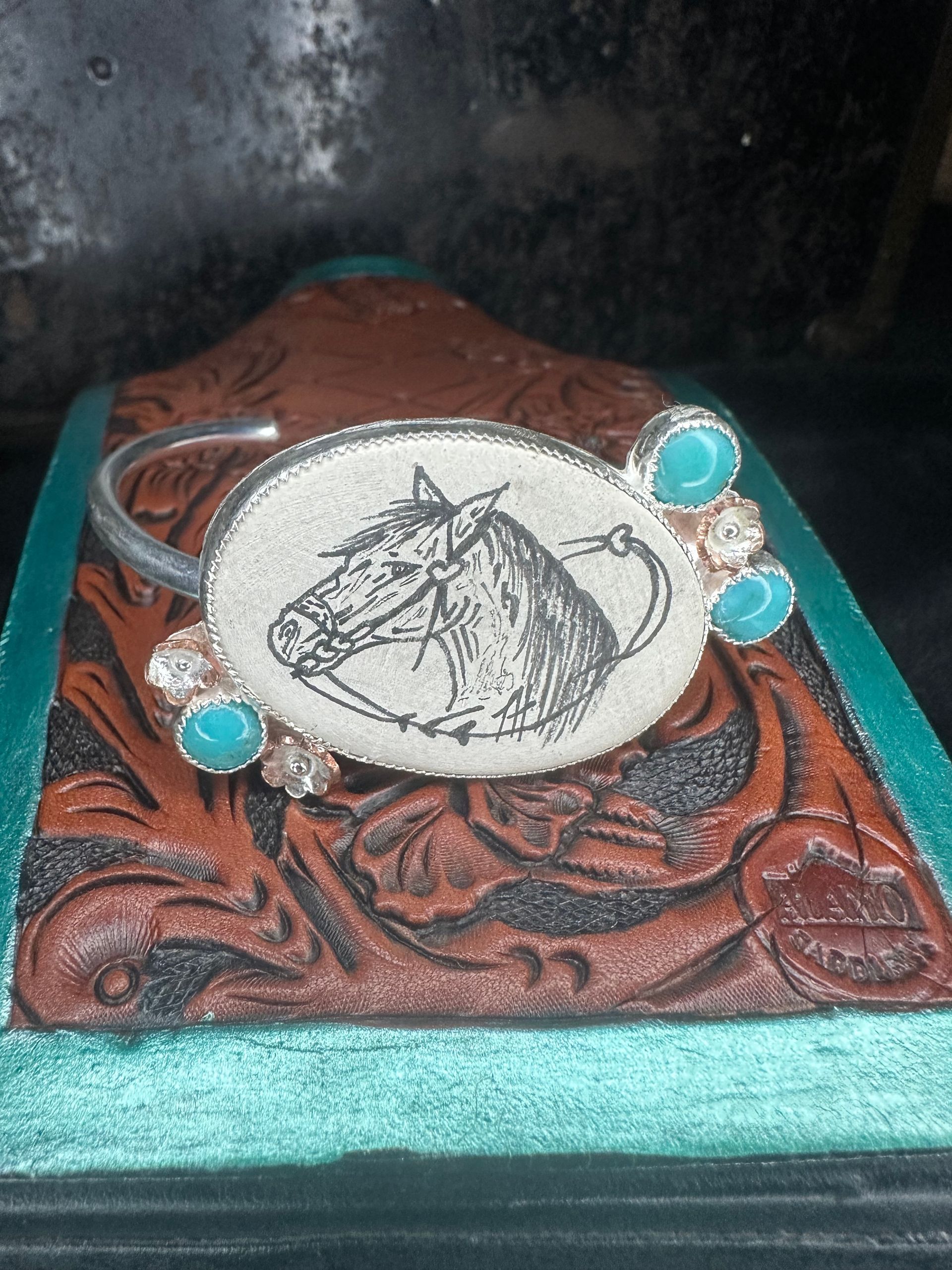 Hand Drawn Bridle Horse Cuff with Kingman Turquoise Brass Flowers Sterling Silver