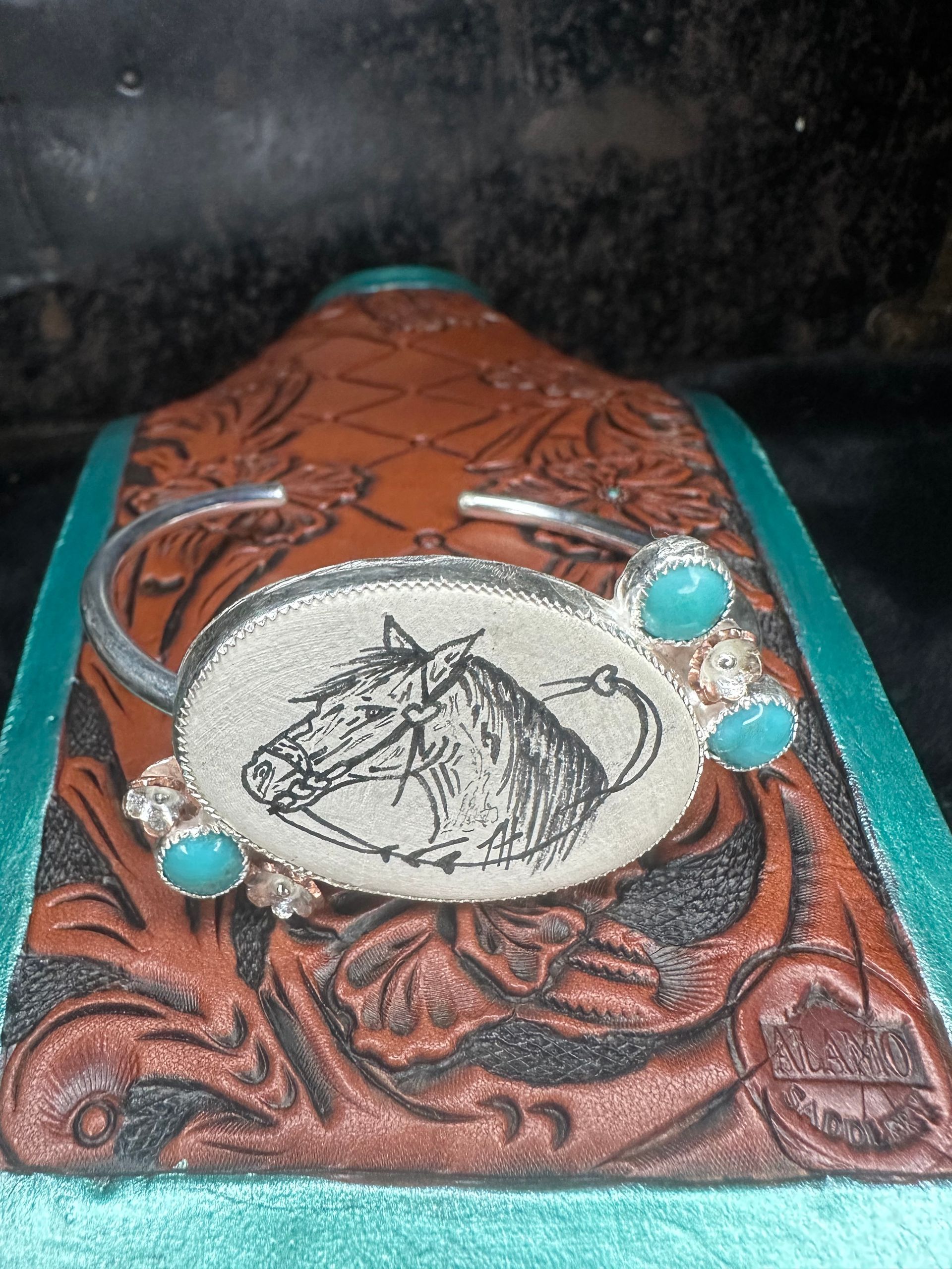 Hand Drawn Bridle Horse Cuff with Kingman Turquoise Brass Flowers Sterling Silver