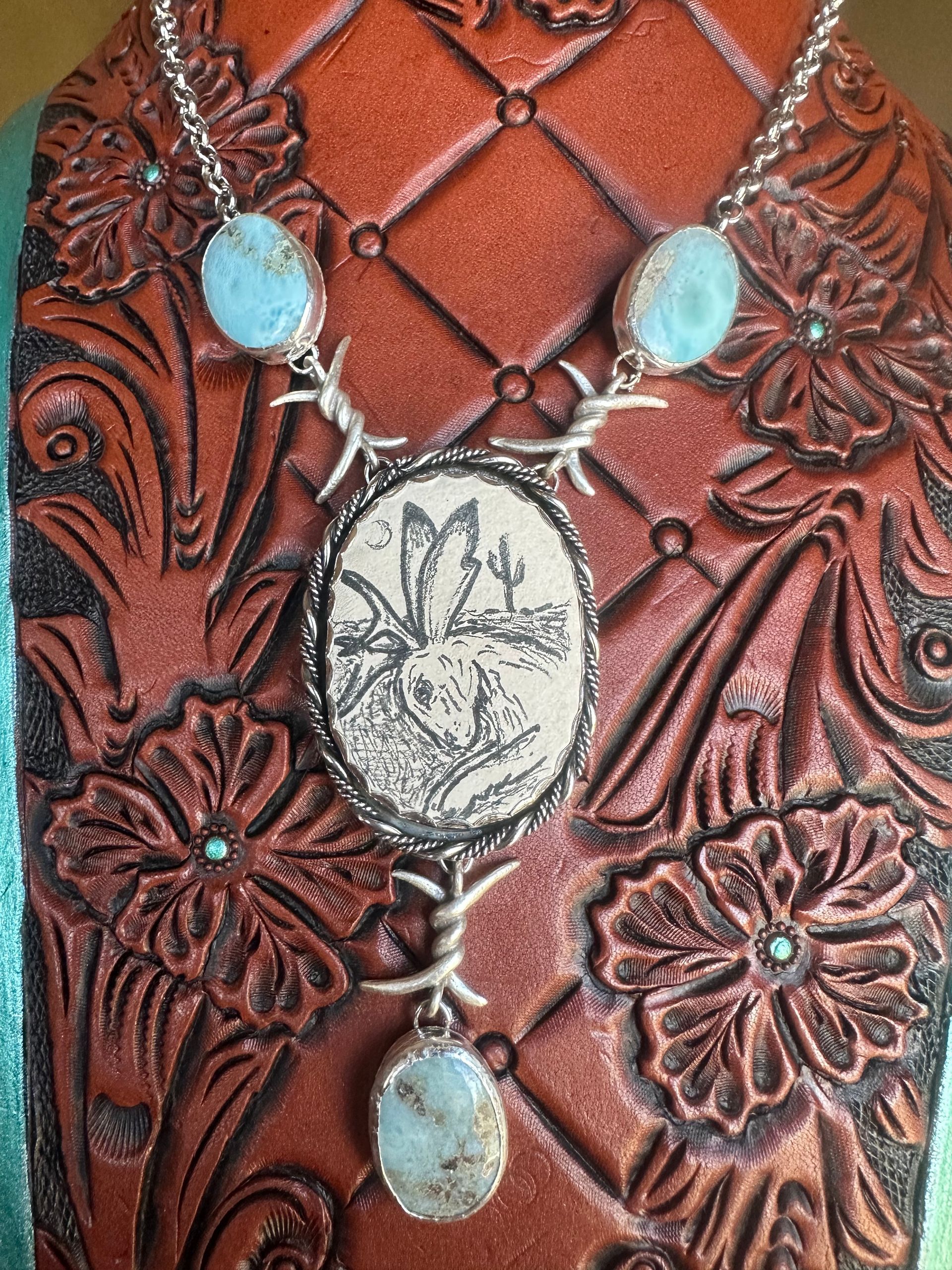 Hand Drawn Jackalope with Larimar Barb Wire Sterling Silver Lariat