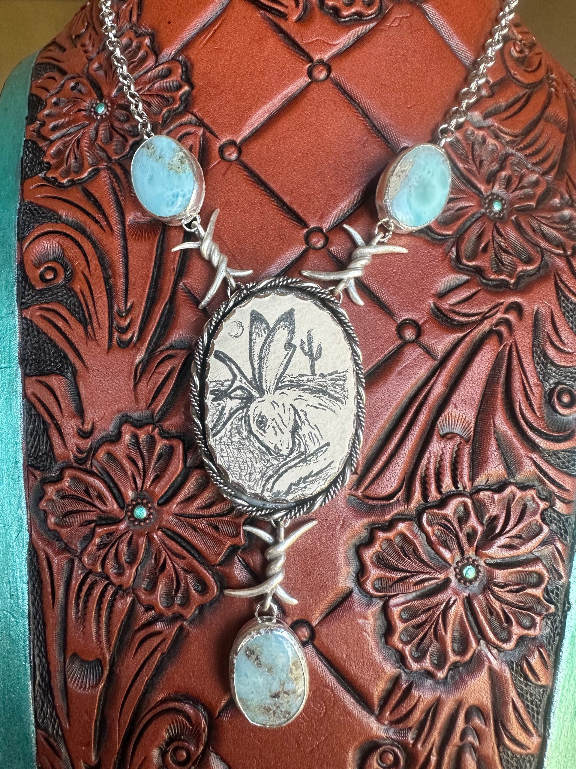 Hand Drawn Jackalope with Larimar Barb Wire Sterling Silver Lariat