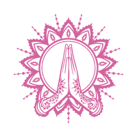 Pink mandala-style design with a praying hands icon in the center on a white background