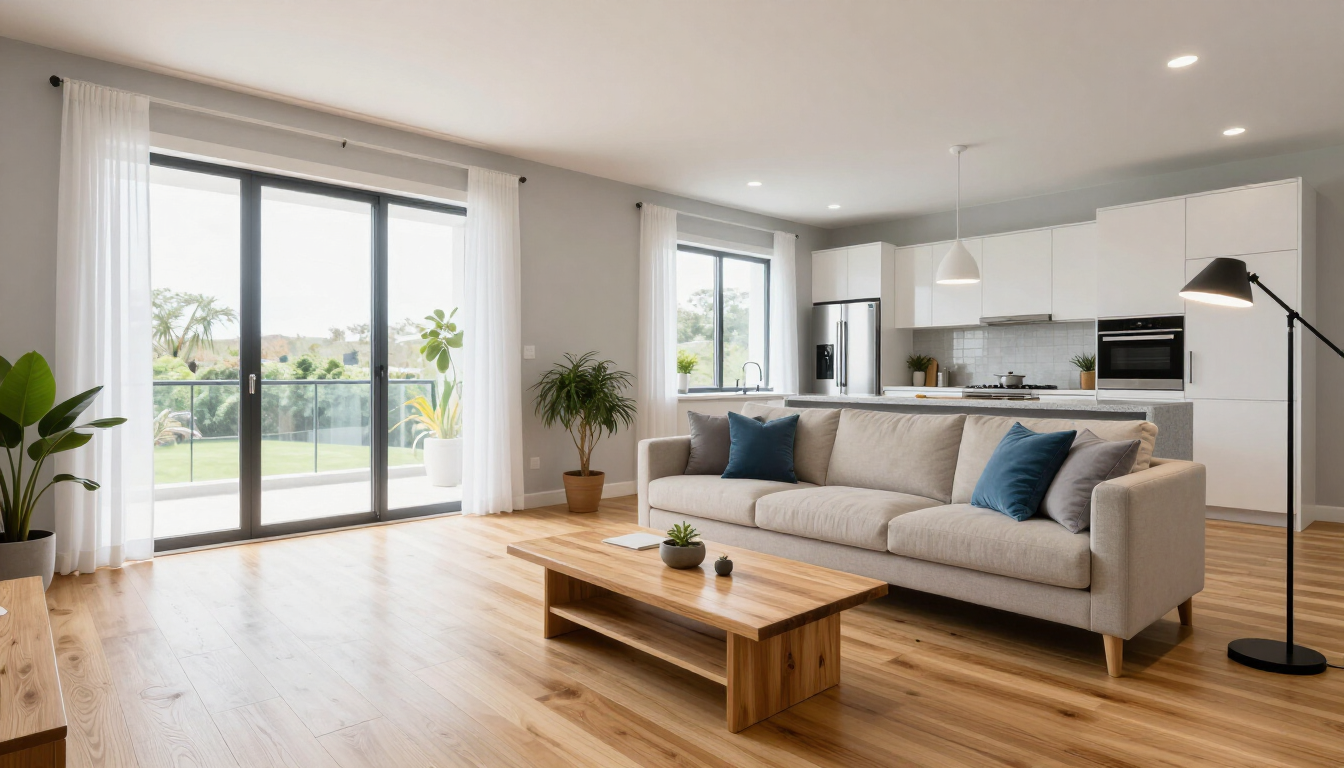 Bright modern living room with beige sofa, wooden coffee table, and large sliding glass doors overlooking a patio.