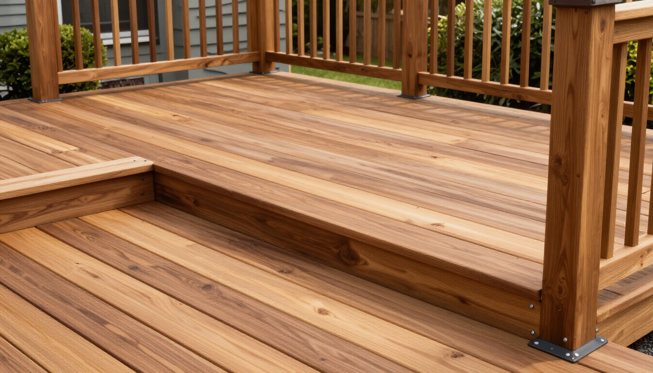 Wooden deck with steps and railings in a sunny outdoor setting
