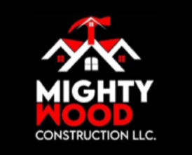 Mighty Wood Construction LLC logo with a red and white house roof icon on a black background