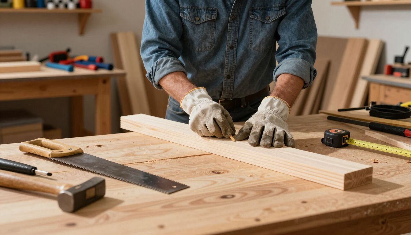 Person in work gloves measuring a wooden board on a workbench in a woodworking shop