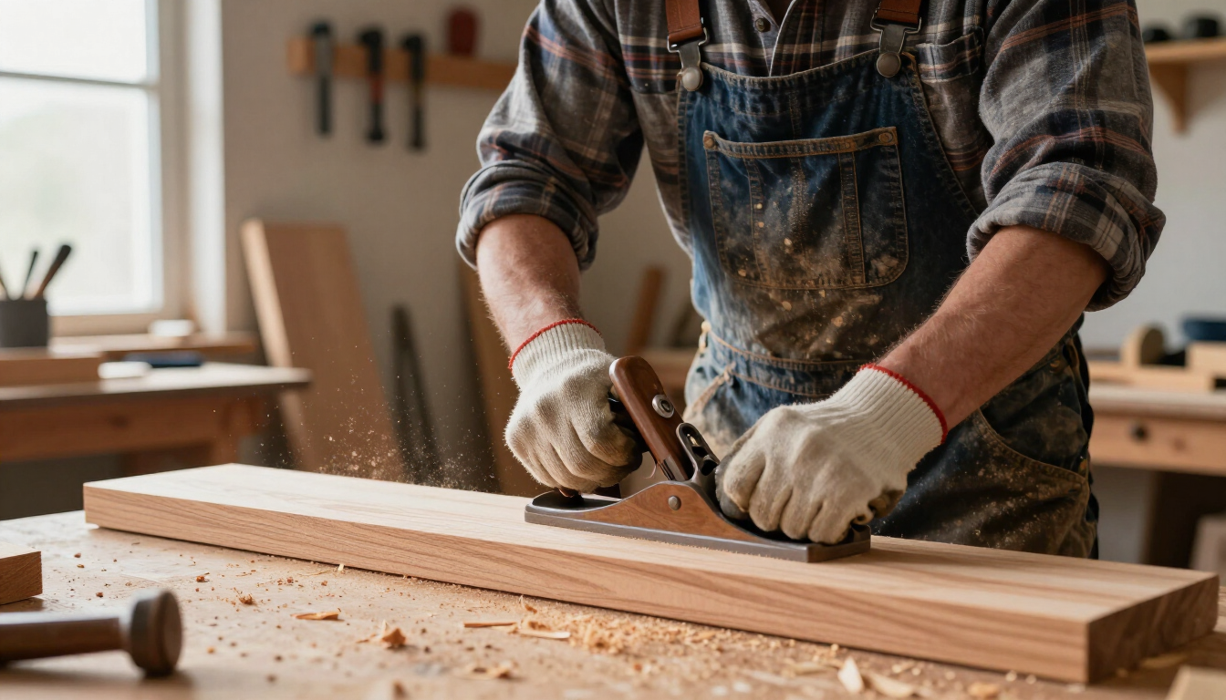 Person in work gloves using a hand plane on a wooden board in a woodworking workshop