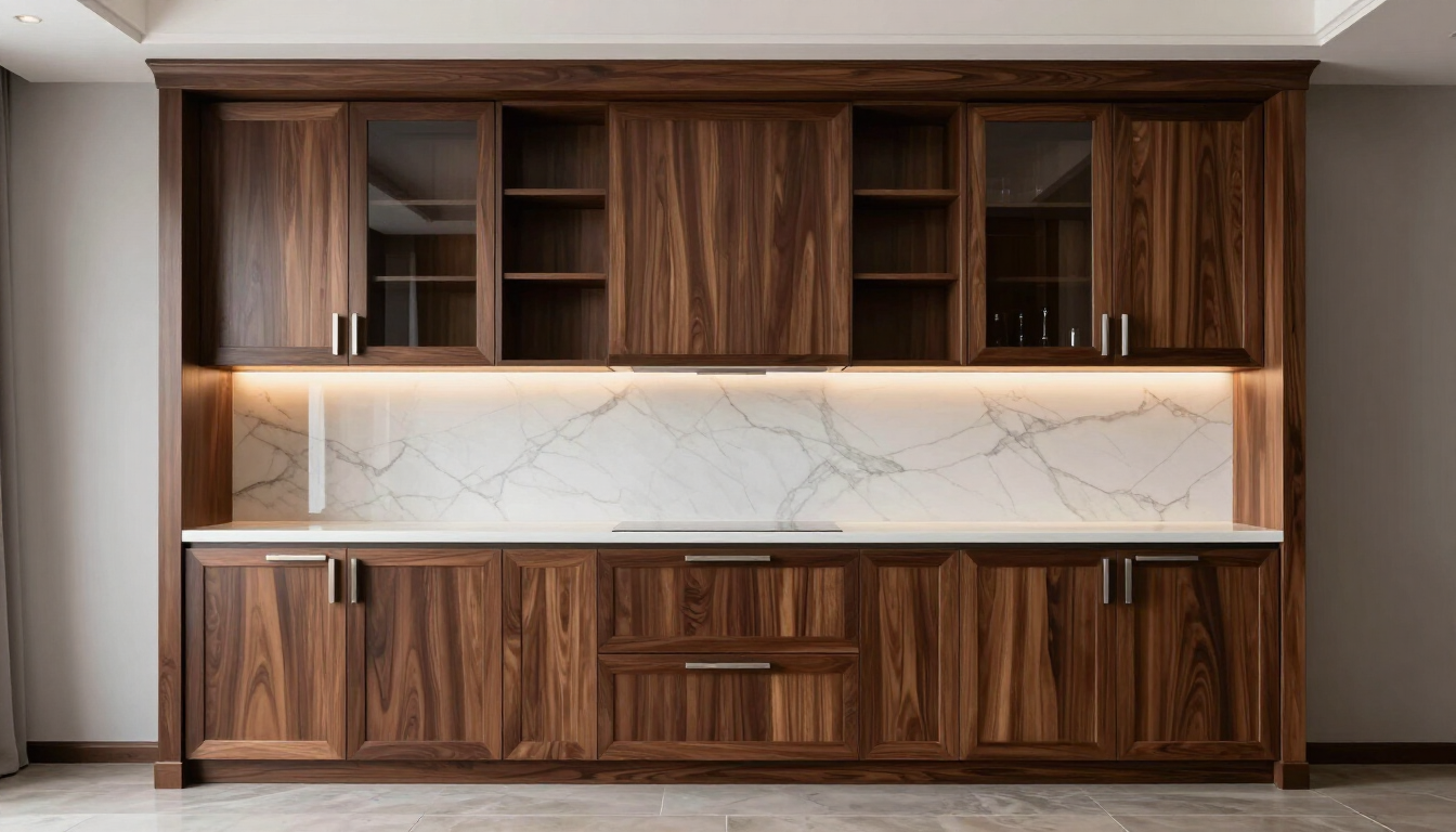 Built-in wooden cabinetry with marble backsplash and open shelving, centered against a white wall