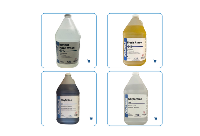 Reliable-branded cleaning chemicals including Instant Hand Wash, Fresh Rinse, SkyShine and Serpentine