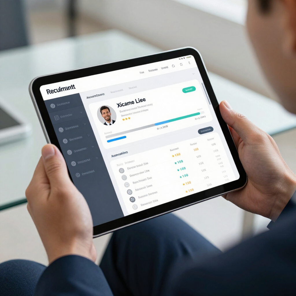 Recrutador analisando candidatos em um painel digital moderno.