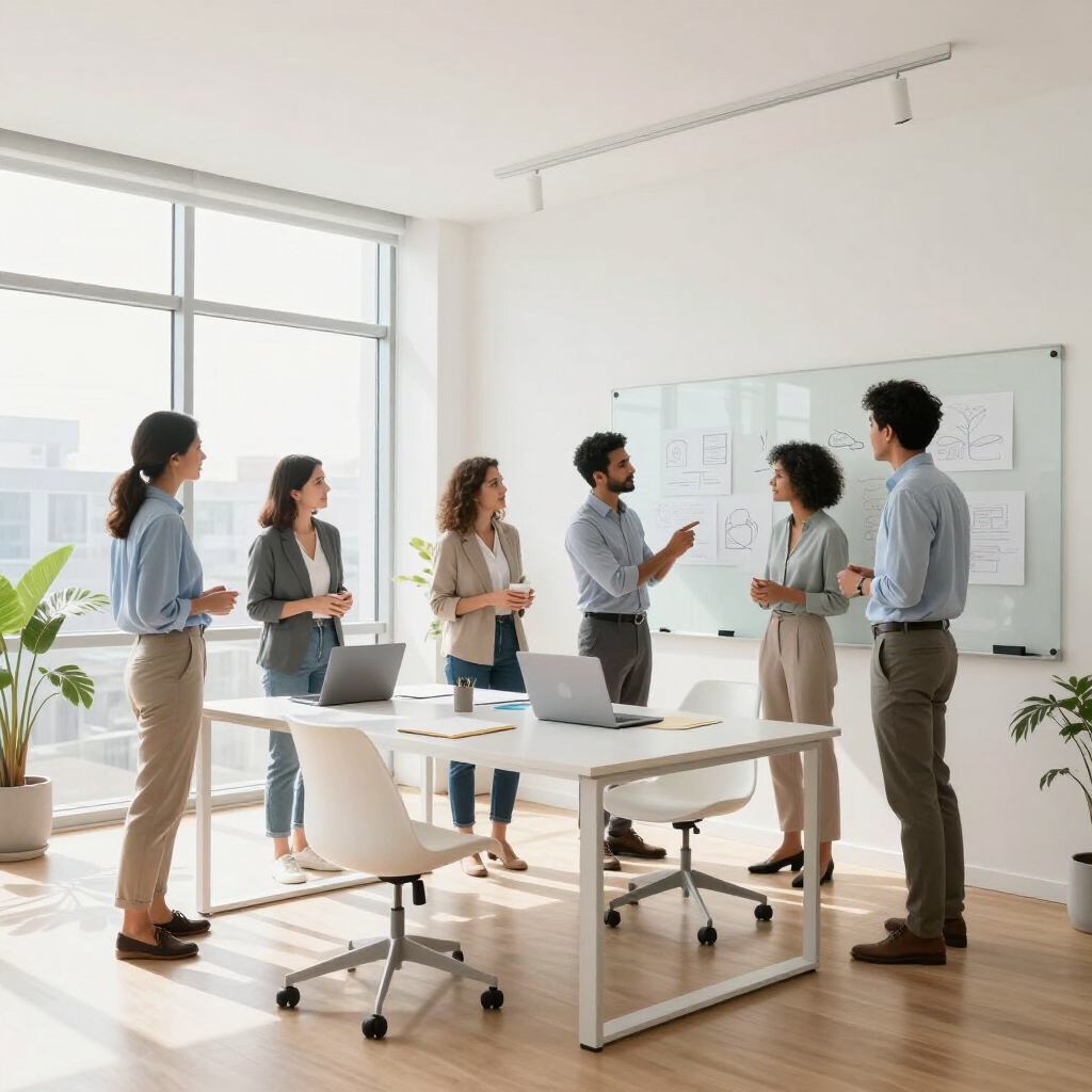 Equipe profissional em ambiente de escritório moderno colaborando em projetos.