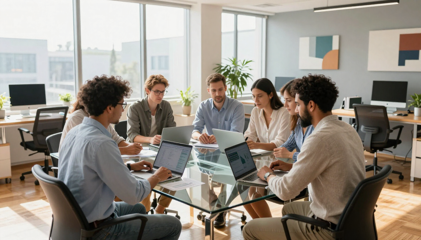 Equipe profissional em ambiente de escritório moderno colaborando em projetos.