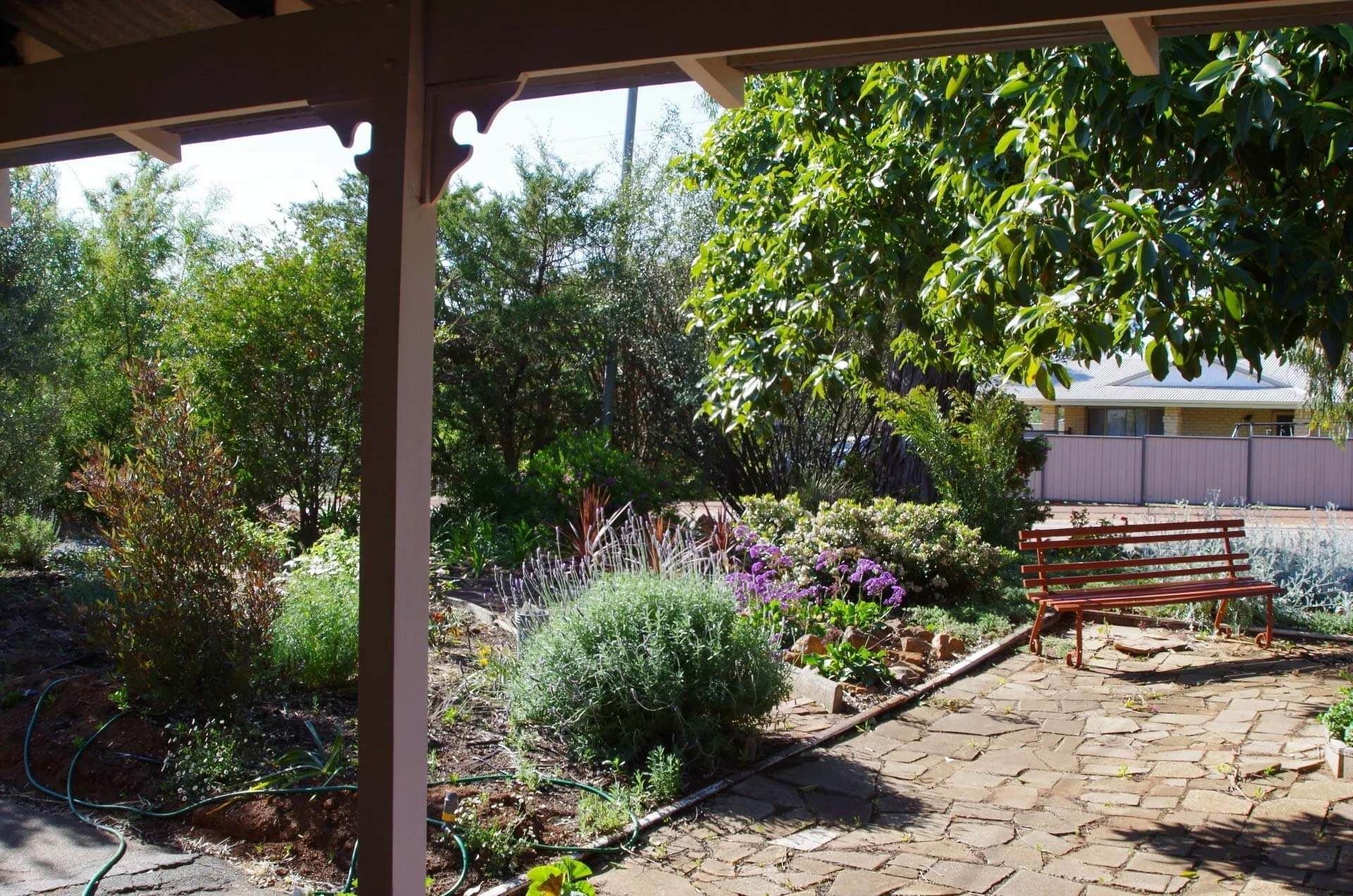 Garden courtyard with a stone pathway, flowering plants and a bench at Bella’s Country Place in Narrogin.