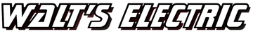 Walt’s Electric logo in bold black and white text with a stylized lightning bolt design