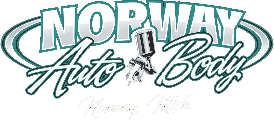 Norway Auto Body logo with teal script and a small spray gun icon on white background