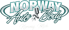 Norway Auto Body logo with teal script and a small spray gun icon on white background