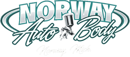 Norway Auto Body logo with teal script and a small spray gun icon on white background