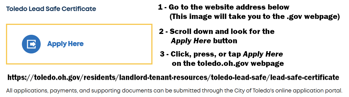 This image takes you to the Lead-Safe Certificate website to start applying for your Toledo Lead-Safe Certificate.