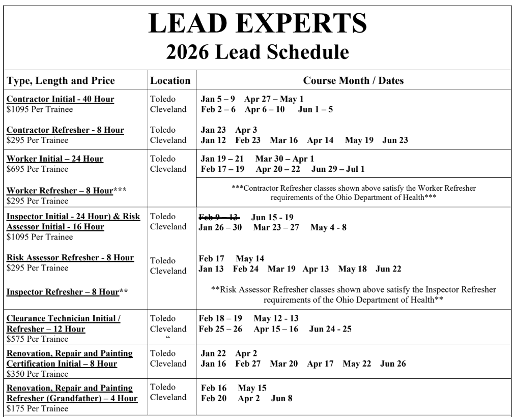Lead Training Opportunity - Lead Experts Schedule
