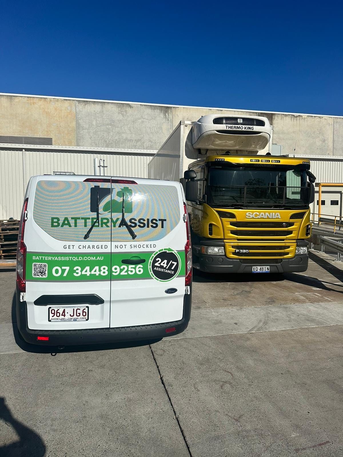 White Battery Assist Van and Yellow Truck Parked — Battery Assist Brisbane in Warner, QLD