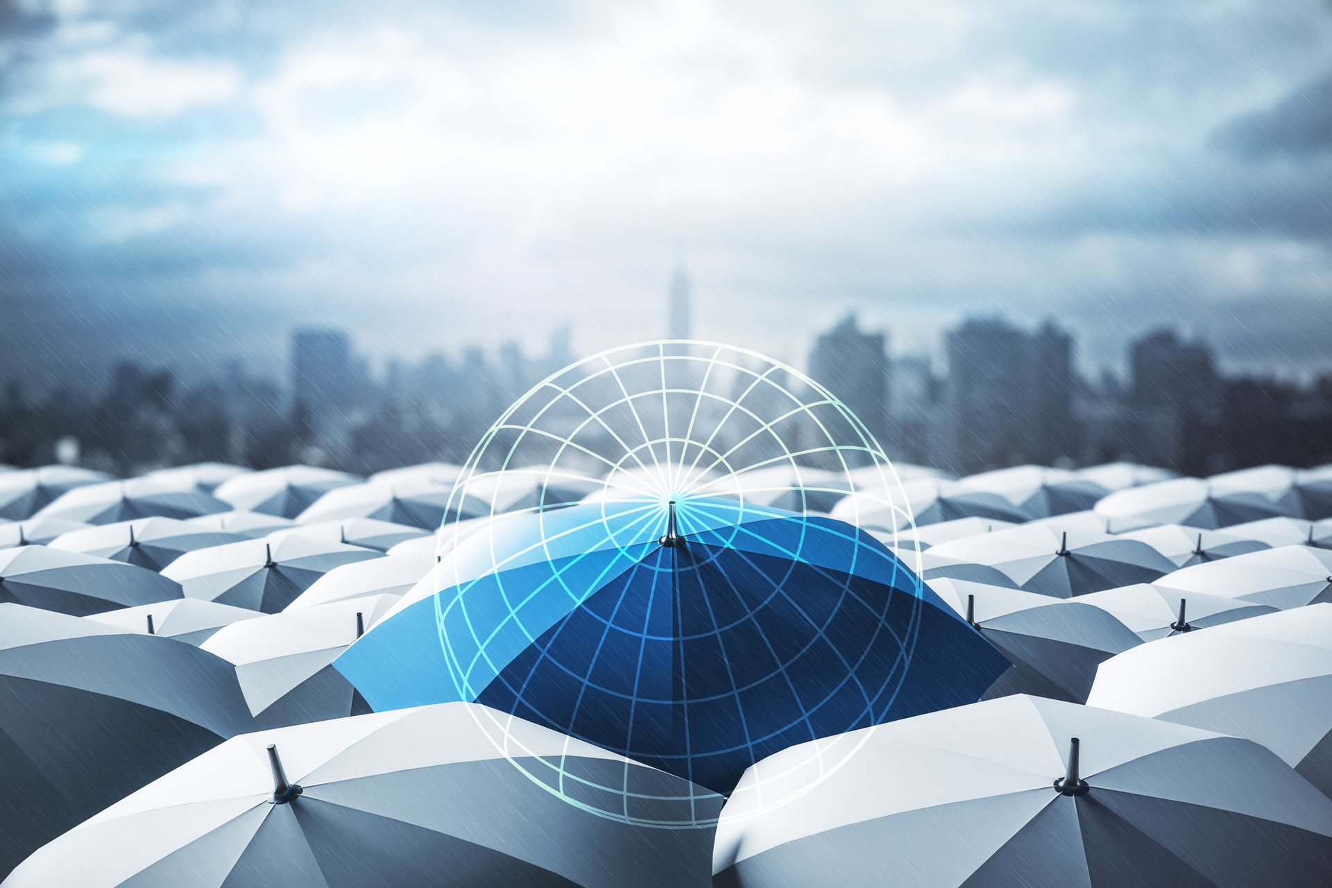 a blue umbrella in a sea of white umbrellas with the united insurance overlay