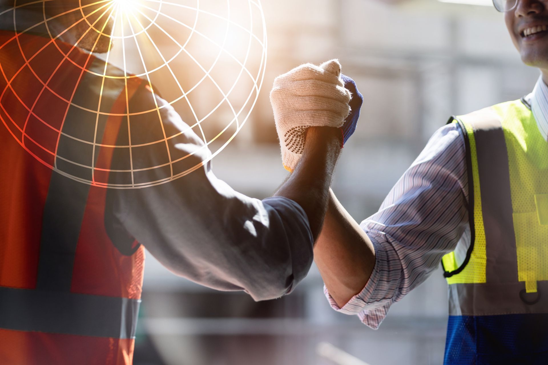 two men in work vests holding hands in a manly way with a united insurance logo overlay