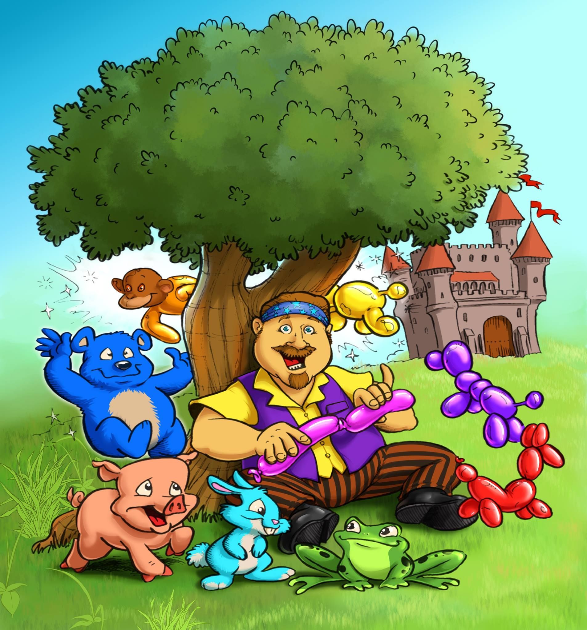 A balloon artist under a tree, creating animal shapes: pig, bear, rabbit, elephant, frog, and castle.