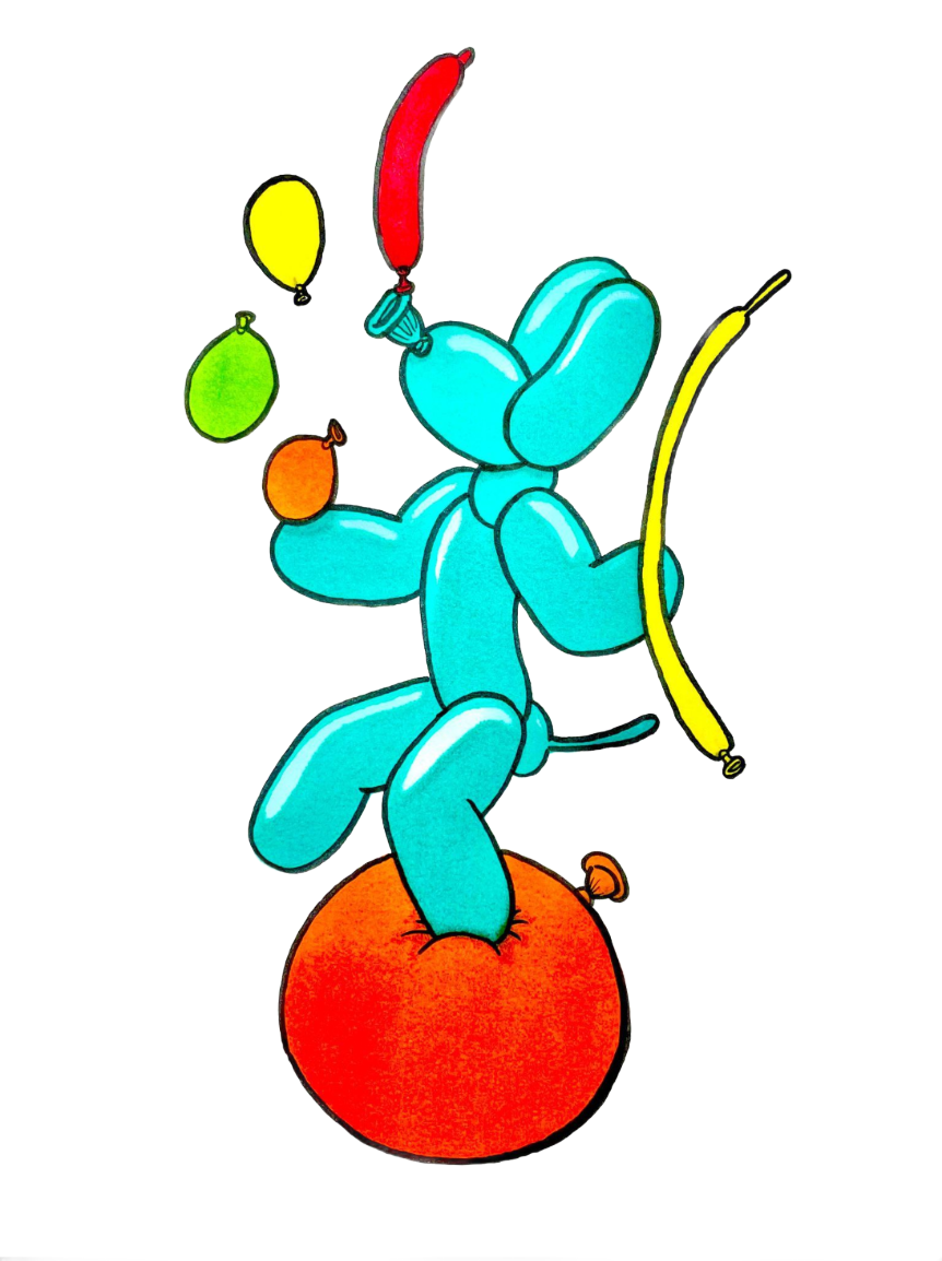 Cartoon blue balloon animal juggling three balloons while balancing on a red ball, holding a red baton.