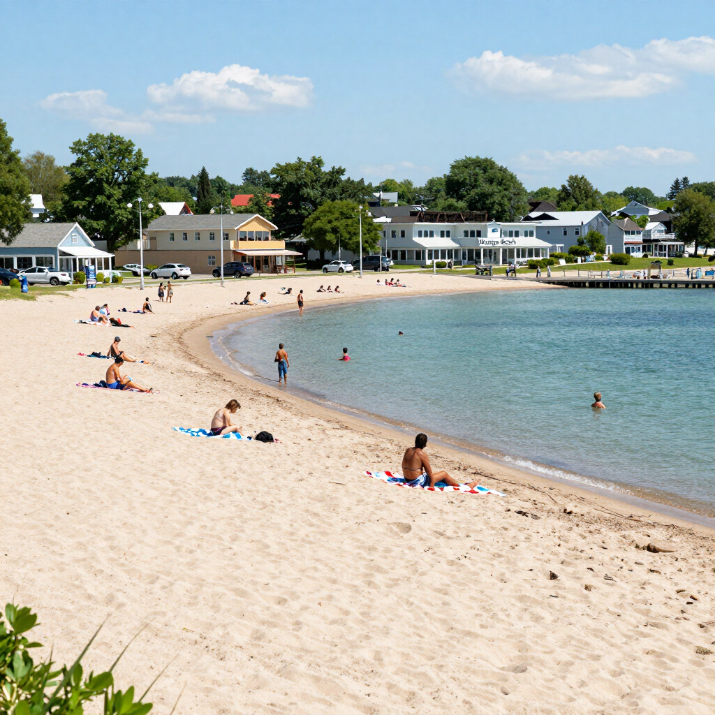 Sunny beach with a few people relaxing on the sand beside calm blue water and waterfront houses