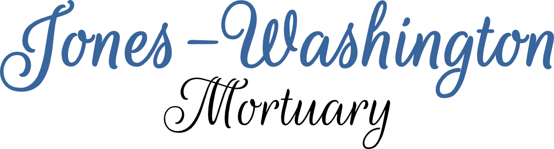 Jones-Washington Mortuary logo in blue cursive and black script