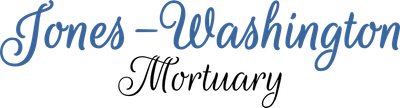Jones-Washington Mortuary logo in blue cursive and black script