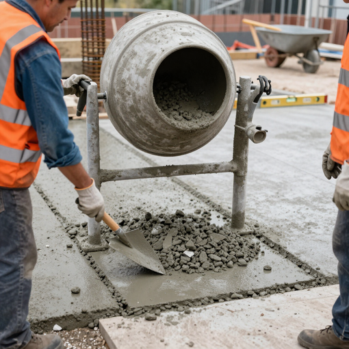 Workers in orange vests pouring and smoothing wet concrete at a construction site