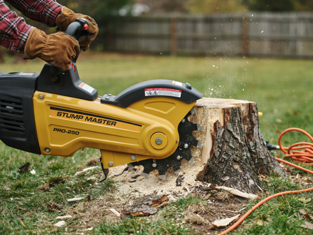 Worker using a yellow chainsaw to cut a tree stump outdoors, with wood chips flying