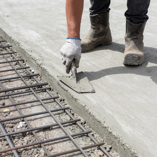 Worker smoothing wet concrete beside rebar with a trowel, wearing gloves and boots