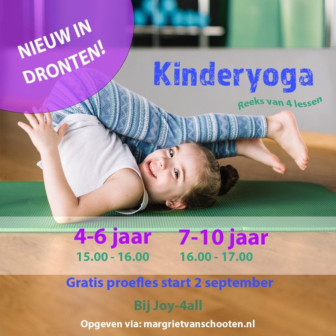 Reclame voor kinderyoga in Dronten. Meisje in een yogahouding. Paarse banner met informatie over leeftijdsgroepen, tijden en inschrijfmogelijkheden.