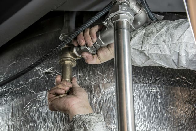 A plumber is fixing a sink pipe with a wrench.