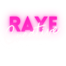 A pink and white logo for raye creative
