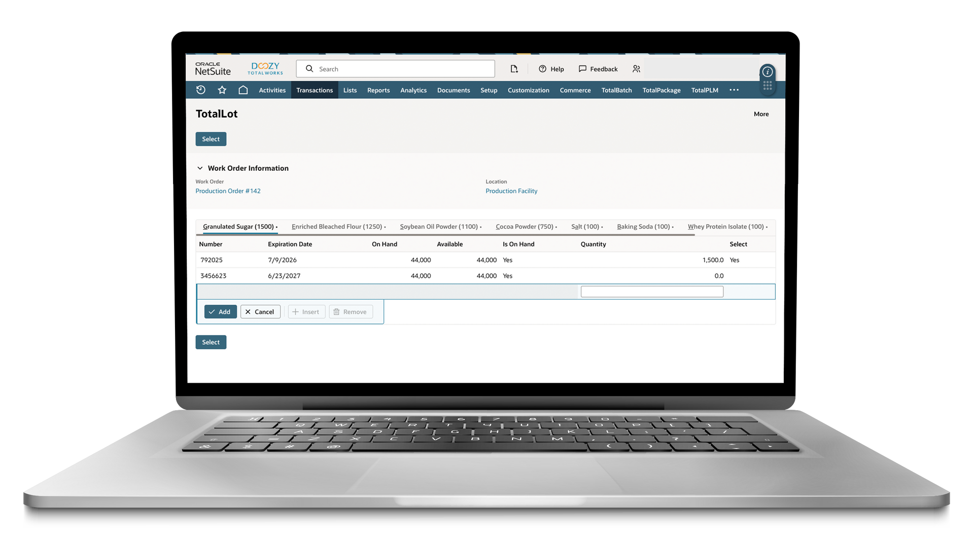 A photo of a laptop with the Doozy TotalLot NetSuite SuiteApp on it. It's showing work order scheduling