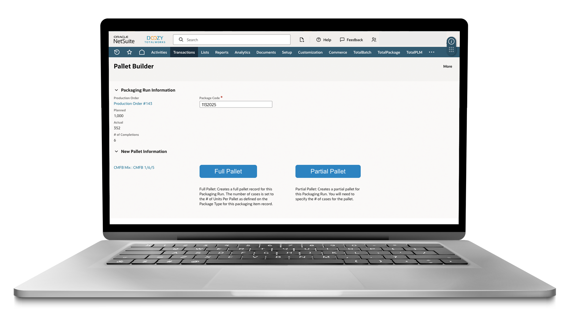 A photo of a Doozy TotalWorks NetSuite SuiteApp on a laptop computer