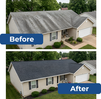 Before-and-after of a house roof replaced from weathered gray shingles to dark new shingles