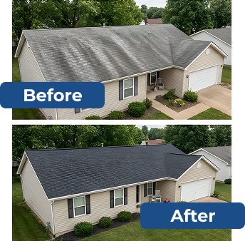 Before-and-after of a house with a gray roof replaced by a dark shingle roof.