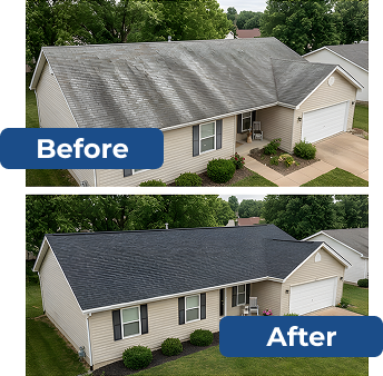Before-and-after of a house with a cleaned, dark-gray roof