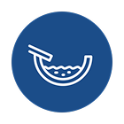 White line icon of a shallow bowl or dish with a tilted utensil on a blue circle background