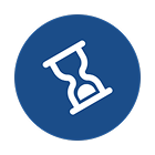 White hourglass icon on a blue circular background, tilted slightly.