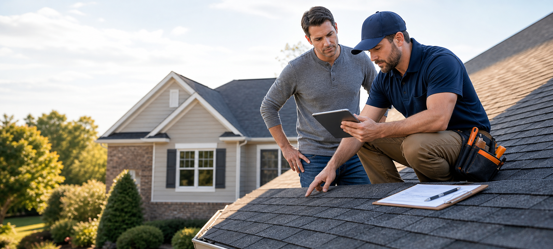 Two workers on a rooftop repairing tiles under a clear blue sky