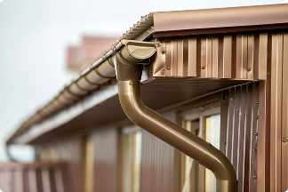 Brown metal gutter and downspout on the edge of a corrugated roof against a blurred house exterior