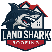 Land Shark Roofing & Exteriors logo with a blue shark and red-and-blue house roof emblem